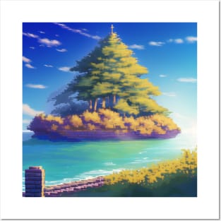 A painting of a small island with a tree on top of it Posters and Art